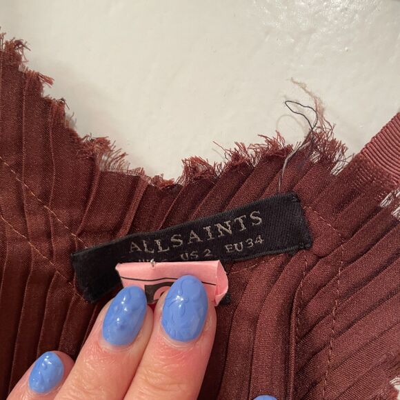 All Saints Sleeveless Pleated Slip Mini Dress Burgundy 2 - Picture 9 of 11